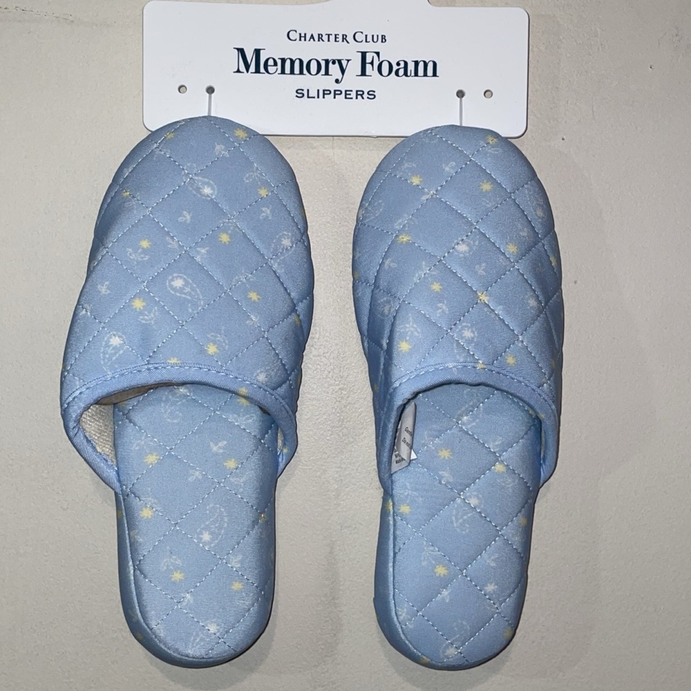 Charter Club Blue Quilted Memory Foam Slippers 5-6 NWT